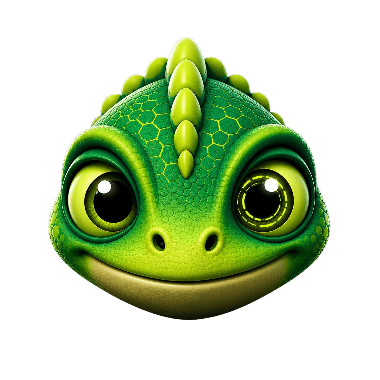 LOXI — a friendly green chameleon with large curious eyes and a subtle digital ring in its right eye, looking directly at you